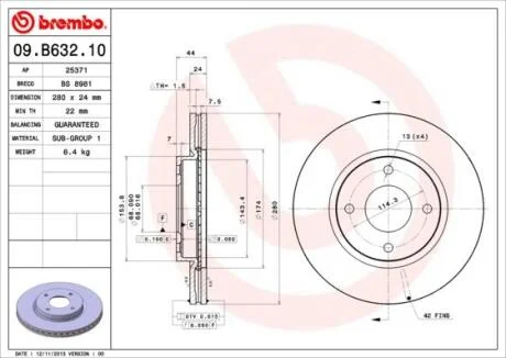 Диск гальмівний NISSAN TIIDA 1.5-1.8 07-, CUBE 1.5 1.6 2010 - передн. BREMBO 09.B632.10