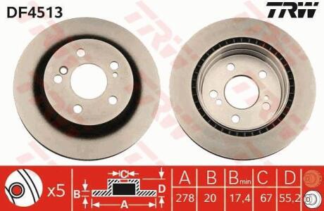 A_Диск гальмівний (1 шт.) MERCEDES C(W203)/E(S124)/SLK(R171) "R D=278mm "89-11 TRW DF4513