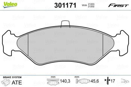 A_Гальмівні колодки дискові FORD Fiesta "1,0-1,8 "F "89-08 Valeo 301171