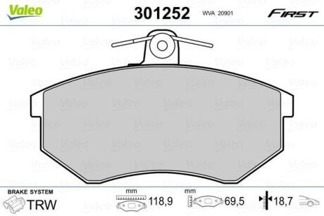 A_Гальмівні колодки дискові SEAT/VW Cordoba/Ibiza/Toledo/Caddy/Golf/Passat/Vento "1,4-2,9 "F "88-04 Valeo 301252