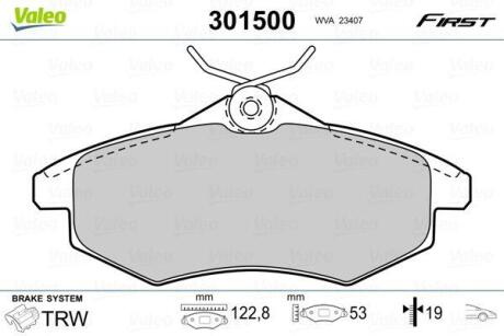 A_Гальмівні колодки дискові CITROEN C2/C3 "1,1-1,4 "F "02>> Valeo 301500