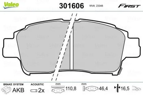 Гальмівні колодки дискові TOYOTA Yaris "1,0-1,4 "F "99-05 Valeo 301606