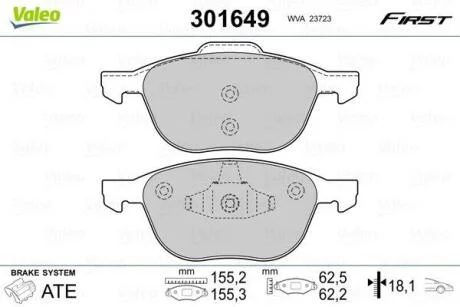 Гальмівні колодки дискові FORD/MAZDA/VOLVO Focus/Kuga/3/5/C30/C70/S40/V40/V50 "1,0-2,5 "F "03>> Valeo 301649