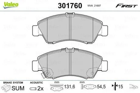 Гальмівні колодки дискові HONDA Civic/Jazz/Logo "1,2-1,6 "F "91-08 Valeo 301760